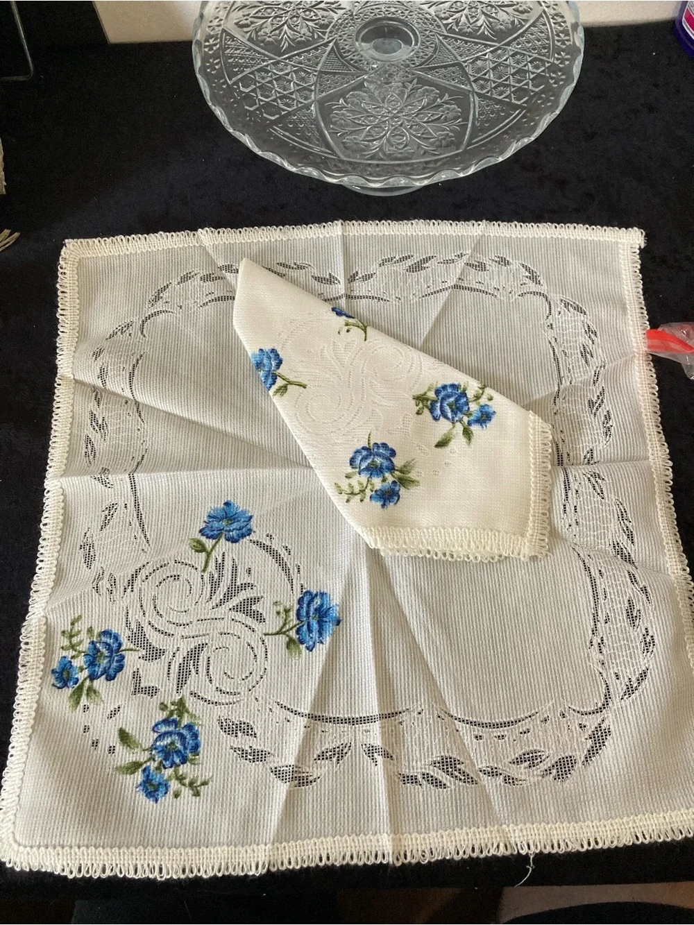 Stamped PairSwans & Blue Floral Dining Napkins Dollies - Unbranded